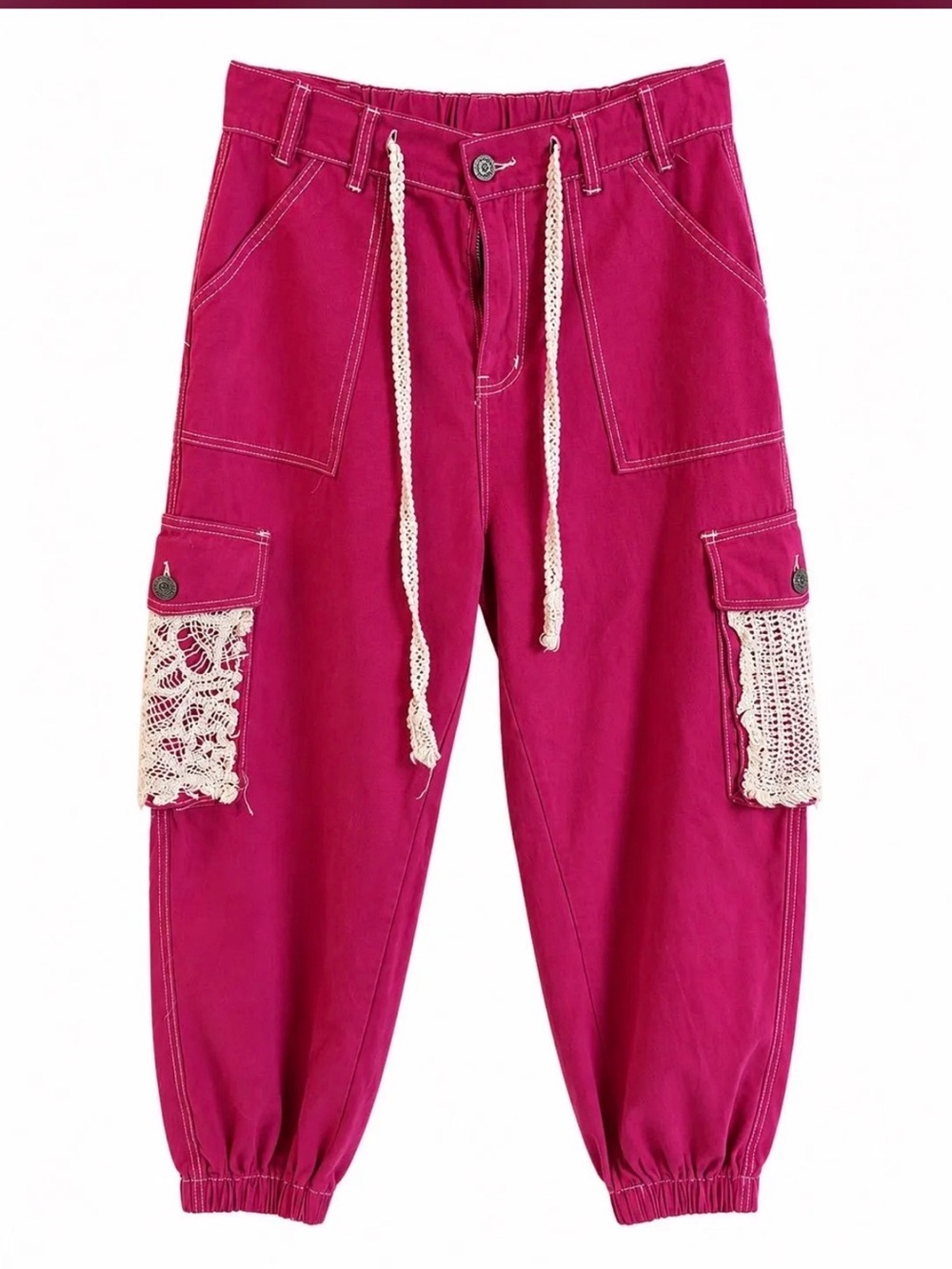 POL  Crochet
Lace Cargo Joggers in Punch Pink